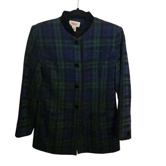 Talbots Vintage Blackwatch Plaid Wool Blend Velvet Collar Blazer Size 4 - Picture 1 of 6